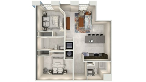 a floor plan of a studio apartment with a bedroom and a living room